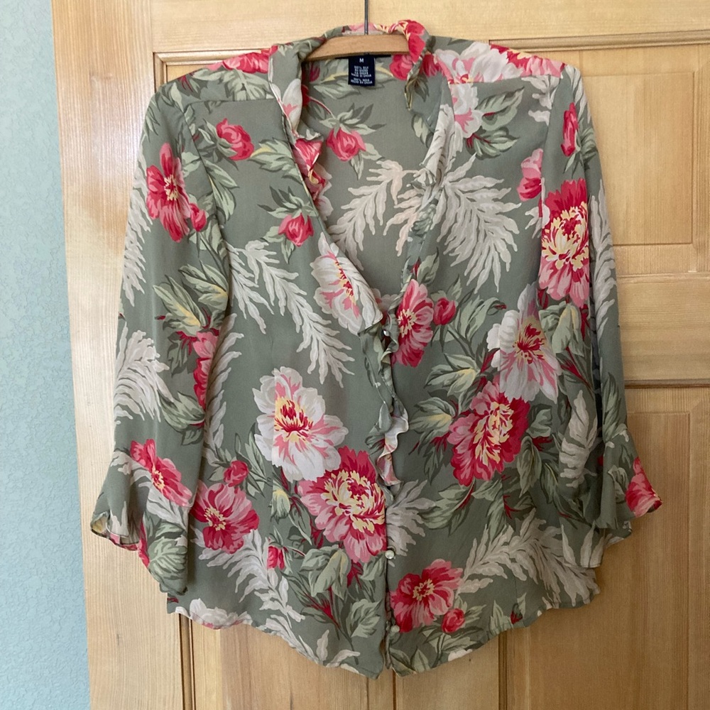 JONES NEW YORK Floral Green and Pink Women's Silk Top